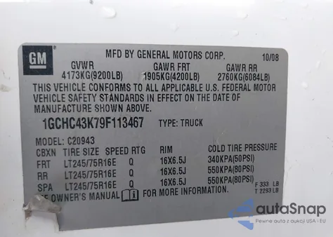 2009 Chevrolet Silverado 2500Hd Work Truck from USA, damaged, VIN 1GCHC43K79F113467